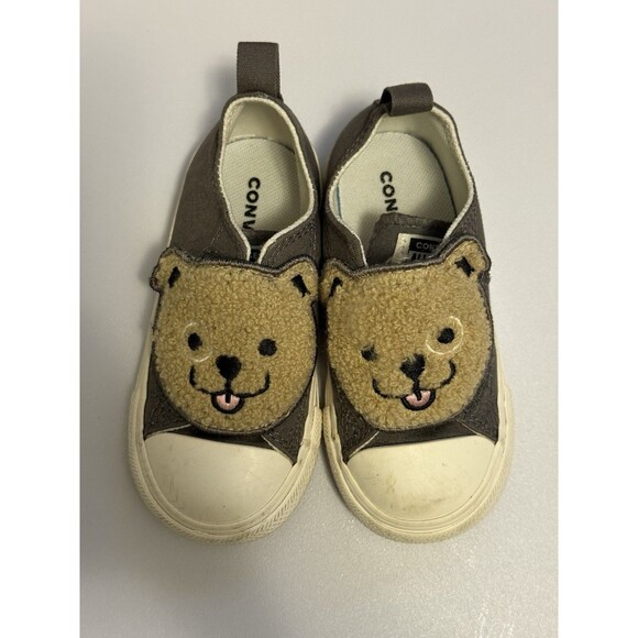 Converse Toddler Bear Face Slip-On Sneakers Size 7 Brown Beige Fuzzy Animal Shoe - Picture 3 of 3